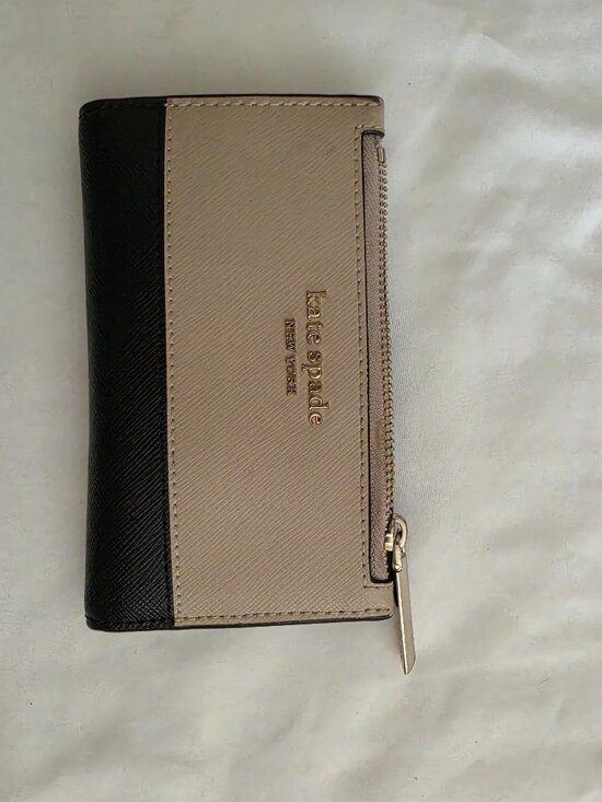 kate spade Accessories - Kate Spade Small Leather Wallet | Taupe & Black | Mini Bifold